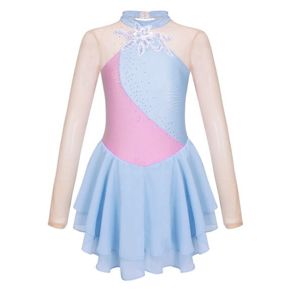 TiaoBug Kids Girls Sequins Ice Skating Dress Long Sleeve Mesh Splice Skirts Ballerina Dancewear Grey-blue 14