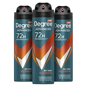 Degree Men Advanced Antiperspirant Deodorant Dry Spray Adventure 72-Hour Sweat and Odor Protection Deodorant For Men With MotionSense Technology, 3.8 Ounce (Pack of 3)