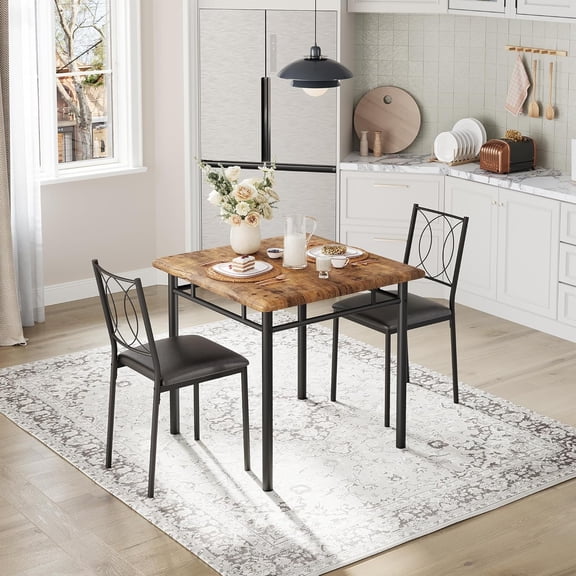 Senfot 3 Piece Dining Set, Metal Frame Table & 2 Chairs, Space Saving Furniture for Kitchen Breakfast Nook Small Space Brown