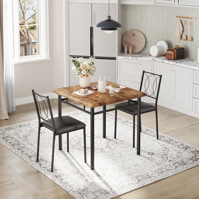 YUSAZENS 3 Piece Dining Set, Metal Frame Table & 2 Chairs, Space Saving Furniture for Kitchen Breakfast Nook Small Space Brown