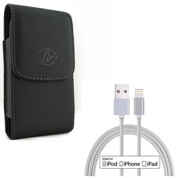 MFi USB Cable w Case Belt Clip for iPhone XS/X - 10ft Certified Charger Cord Power Wire, Leather Holster Cover Pouch Vertical for iPhone XS/X