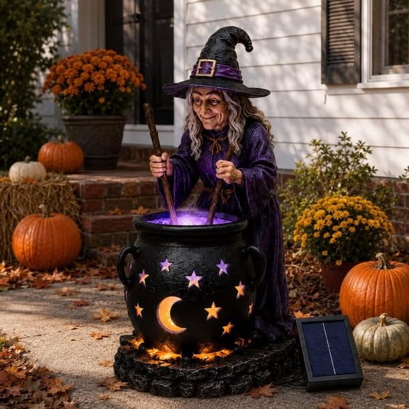 Halloween Witch Cauldron Solar Garden Light, Outdoor Resin Witch Figurine Holiday Decorations for Garden Patio Lawn Pathway Fall Party
