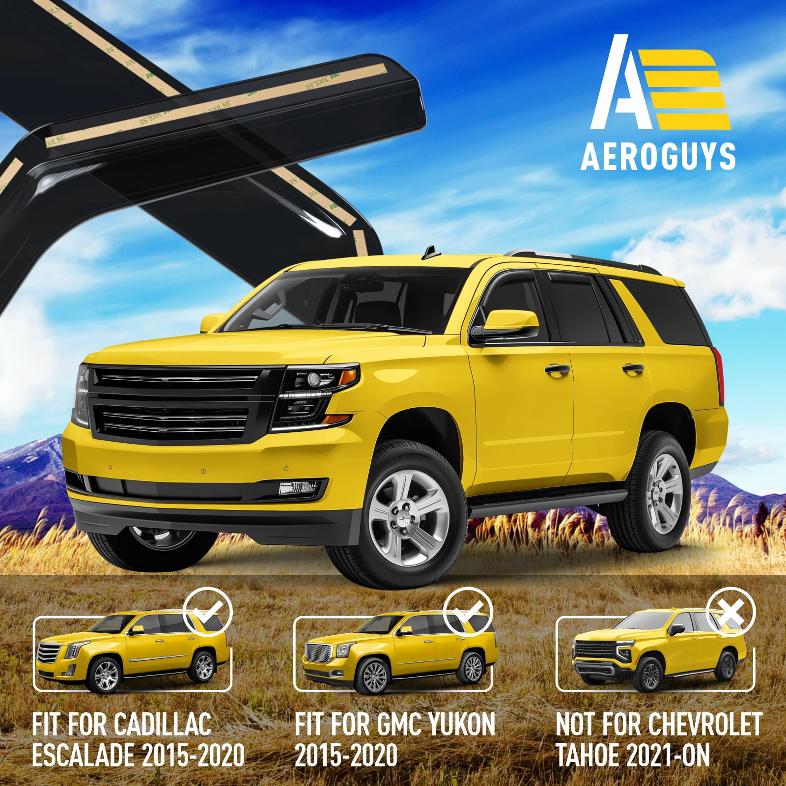 AEROGUYS In-Channel Window Deflectors Extra Durable Window Visors Rain Guards Fit for Chevrolet (Chevy) Tahoe/GMC Yukon 2015-2020, Sun Visors, Wind Vent Visors, Truck Accessories- 4 pcs. AG0172