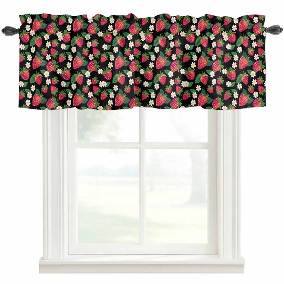 Black Strawberry Window Valance Curtain Cute Floral Fruit Rod Pocket Valance for Windows Short Curtain for Living Room, Bedroom & Kitchen Window Decor 54x18in