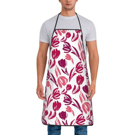 

Adjustable Bib Apron - Tulips Flowers Red Pink Waterdrop Resistant Cooking Apron Kitchen Aprons for Men Women
