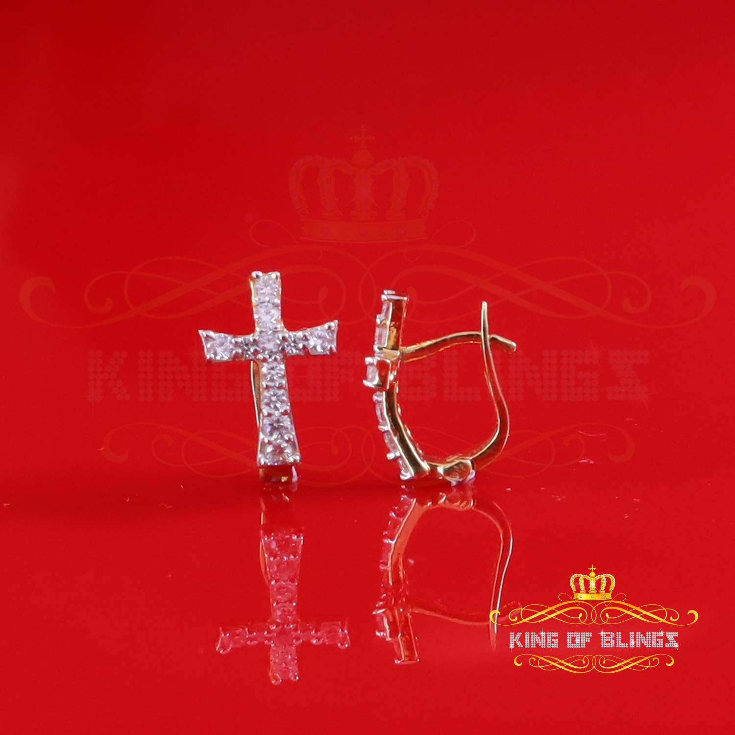 King of Bling's Moissanite 925 Silver Round Yellow Hip Hop Cross Stud Earring Men's/Women's
