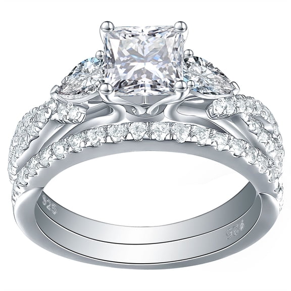 Newshe 1.7ct Princess Pear White AAAAA Cz 925 Sterling Silver Engagement Wedding Ring Set Size 7.5