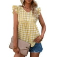thumbnail image 2 of Grid Printed Sleeveless Shirts, V Neck Casual Style Skin Friendly Ruffle Trim Women Grid Printed Tank Top Soft Polyester  For Date Yellow XL, 2 of 5