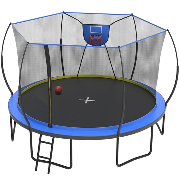 14FT Trampoline for Kids with Basketball Hoop, SHINPT Toddler Trampoline for Backyard, Patio, Indoor Trampoline with Enclosure Net, Adult Trampoline with No-gap Design, Outside Toy for Kids for Gift