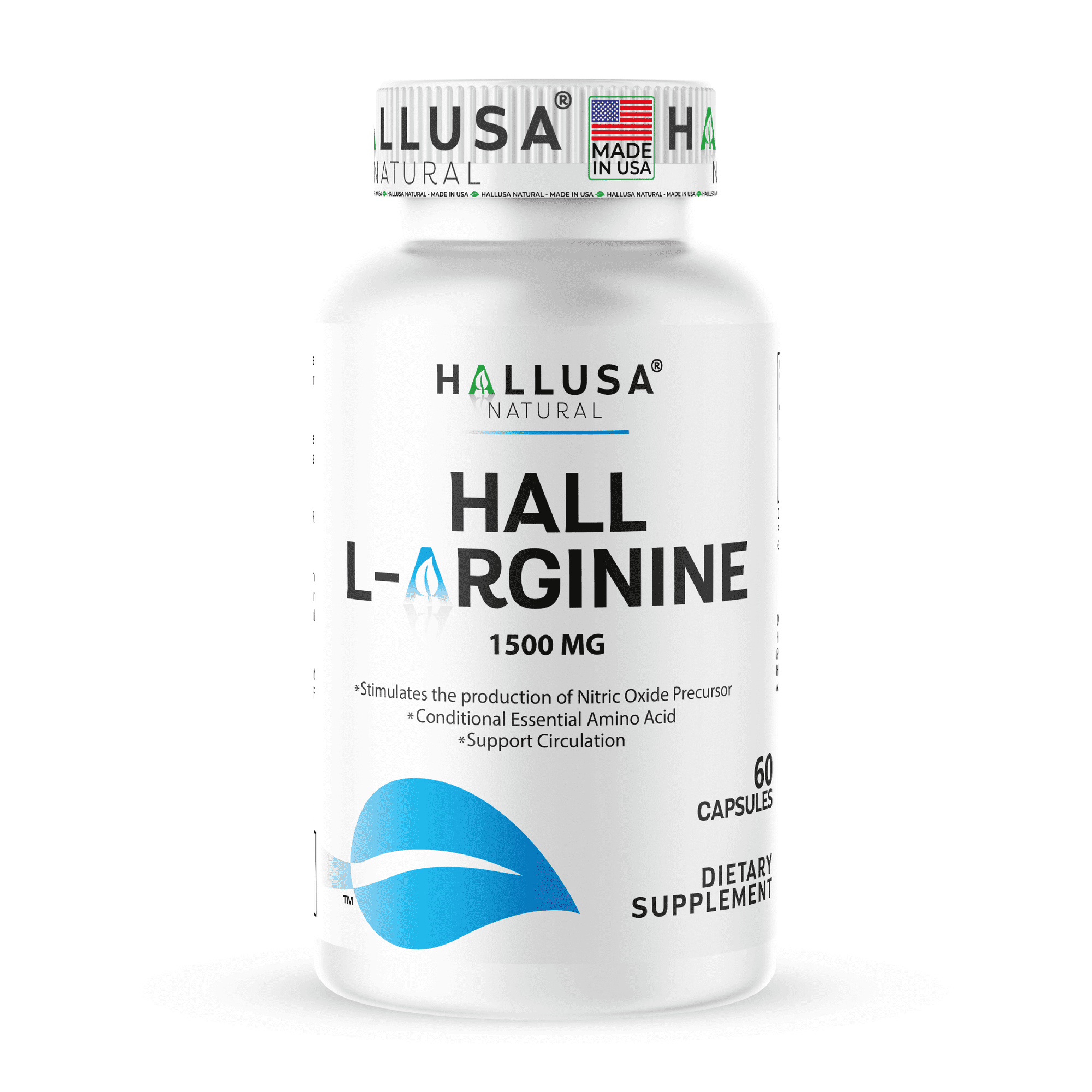 HALLUSA NATURAL L-Arginine 1500mg Nitric Oxide Support, Blood Flow & Circulation Support Support, Amino Acid Supplement, Non-GMO, 60 Capsules