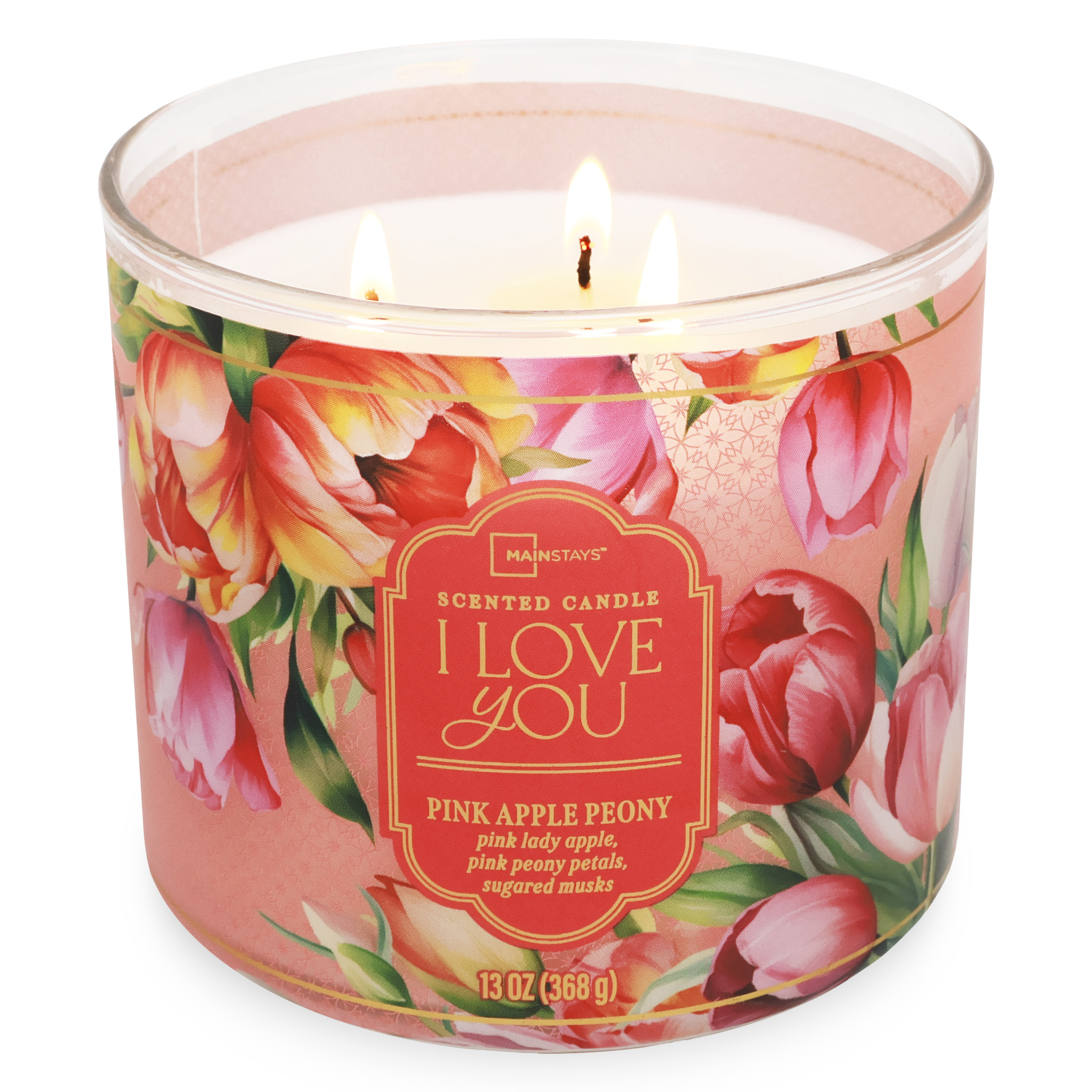 Mainstays "I Love You" Mother's Day 3-Wick Wrapped Jar Candle, Pink Apple Peony, 13 Ounce