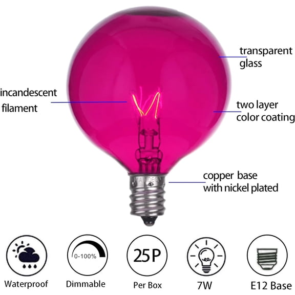 YJYASX-25 Pack G50 Replacement Bulbs,120V 7W Incandescent,E12 Base,for Indoor Outdoor String Lights-Pink