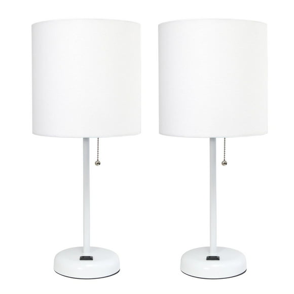 LimeLights White Stick Lamp with Charging Outlet and Fabric Shade 2 Pack Set
