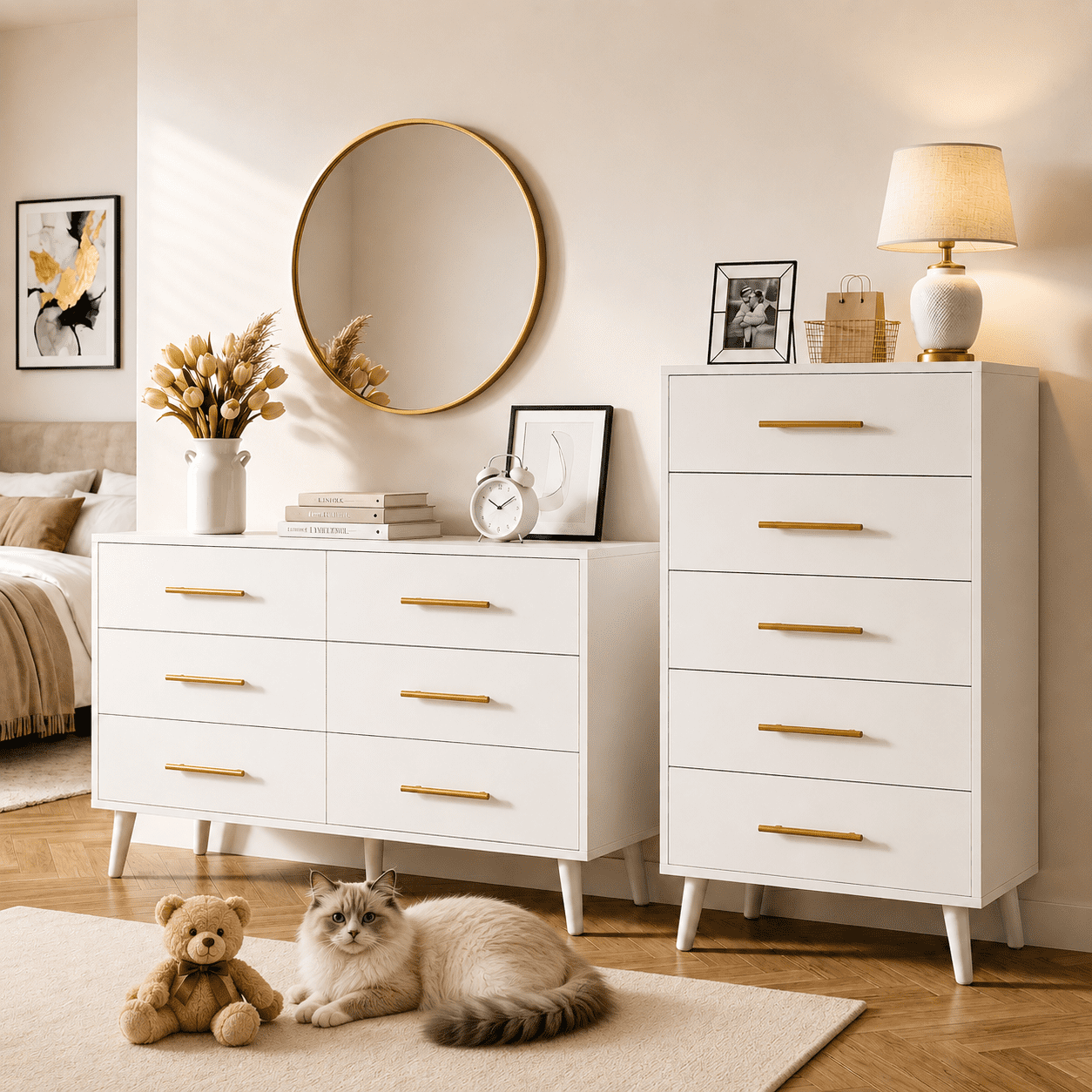 Noelse 2 Piece Bedroom Furniture Set, 6 Drawer Dresser & 5 Drawer Tall Dresser with Metal Handles, White