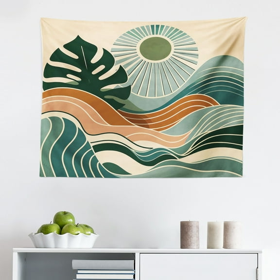 Ambesonne Monstera Wall Hanging Tapestry, Abstract Landscape Boho, 28"x23", Evergreen Pale Seafoam