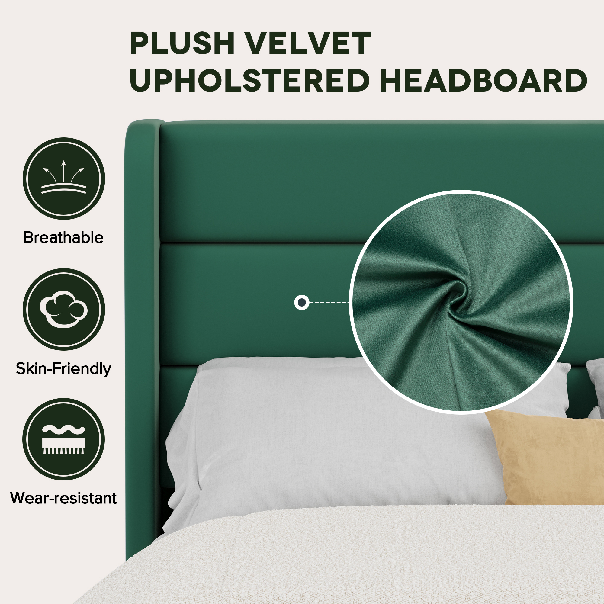 Einfach Full Size Luxury Velvet Upholstered Platform Bed Frame with Wingback Headboard, Green