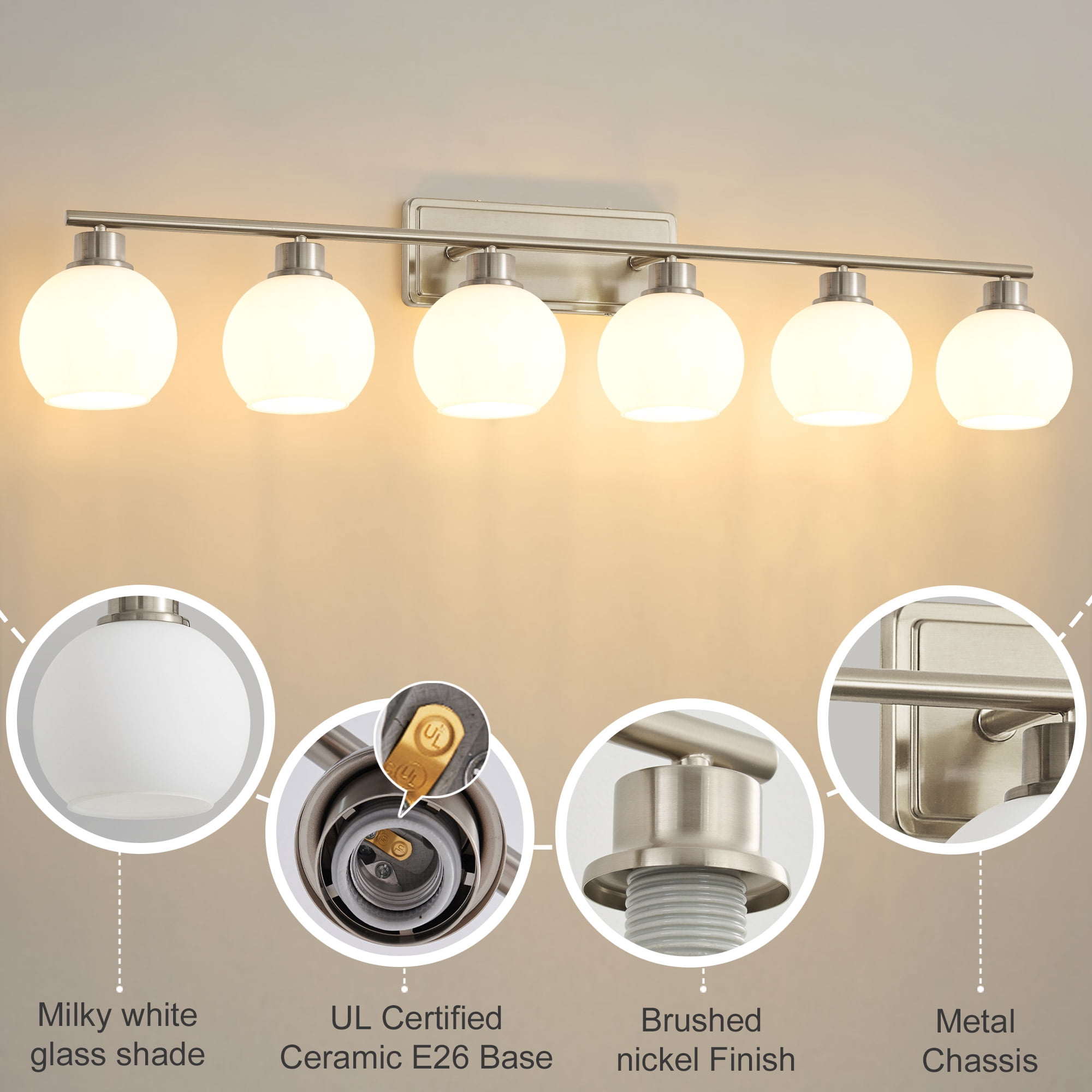 Deyidn 45.27" 6-Light Dimmable Bathroom Vanity Light - Nickel Finish with Milky White Glass Shades, Transitional Modern Design
