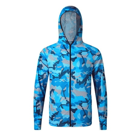 Guieoi Mens Coats and Jackets Winter Men Outdoor Long Sleeve Zipper Hooded Breathable Camouflage Thin Fishing Clothes Sun Protection Clothing Blue