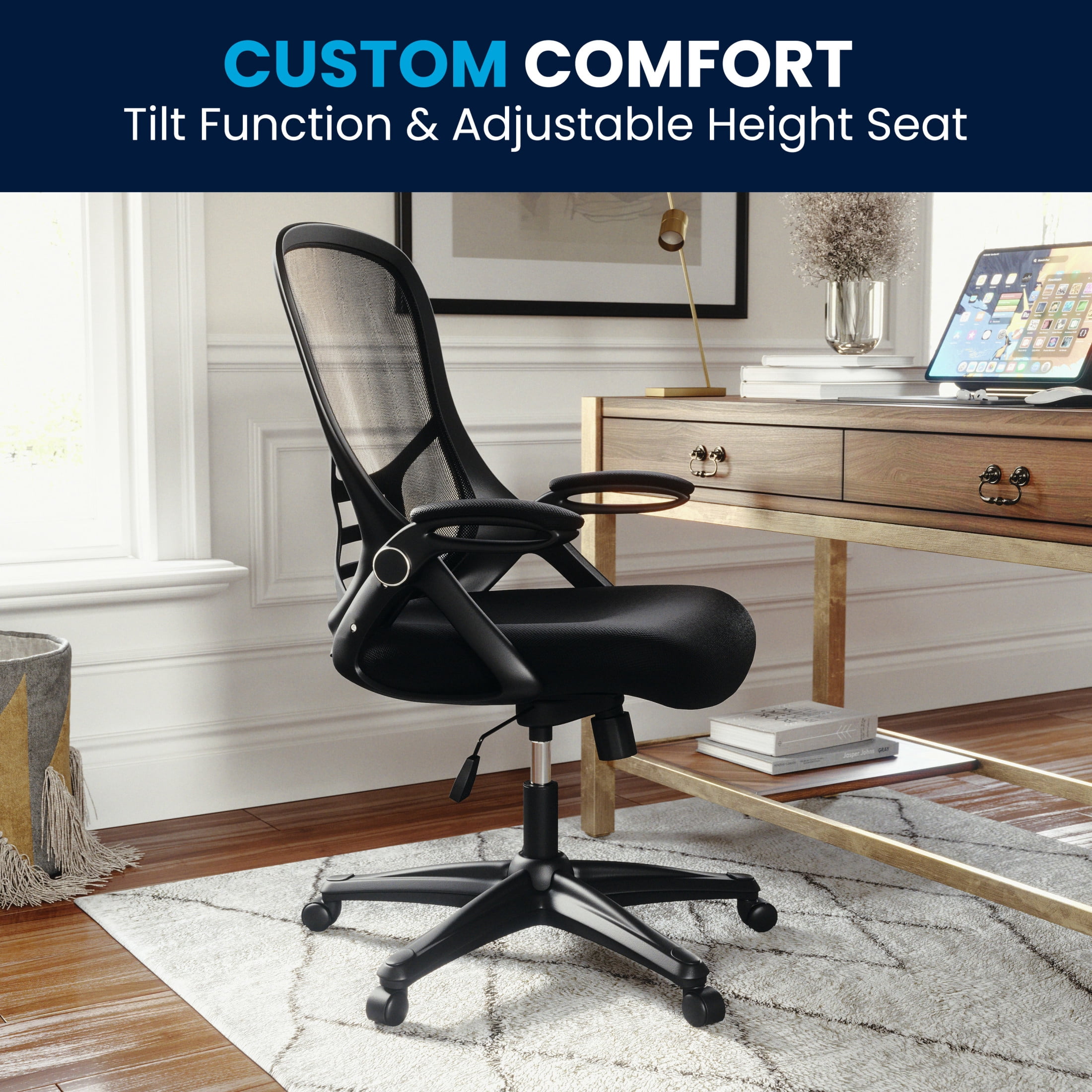 Flash Furniture Porter Ergonomic Mesh High-Back Swivel Office Chair with Flip-Up Armrests, Black