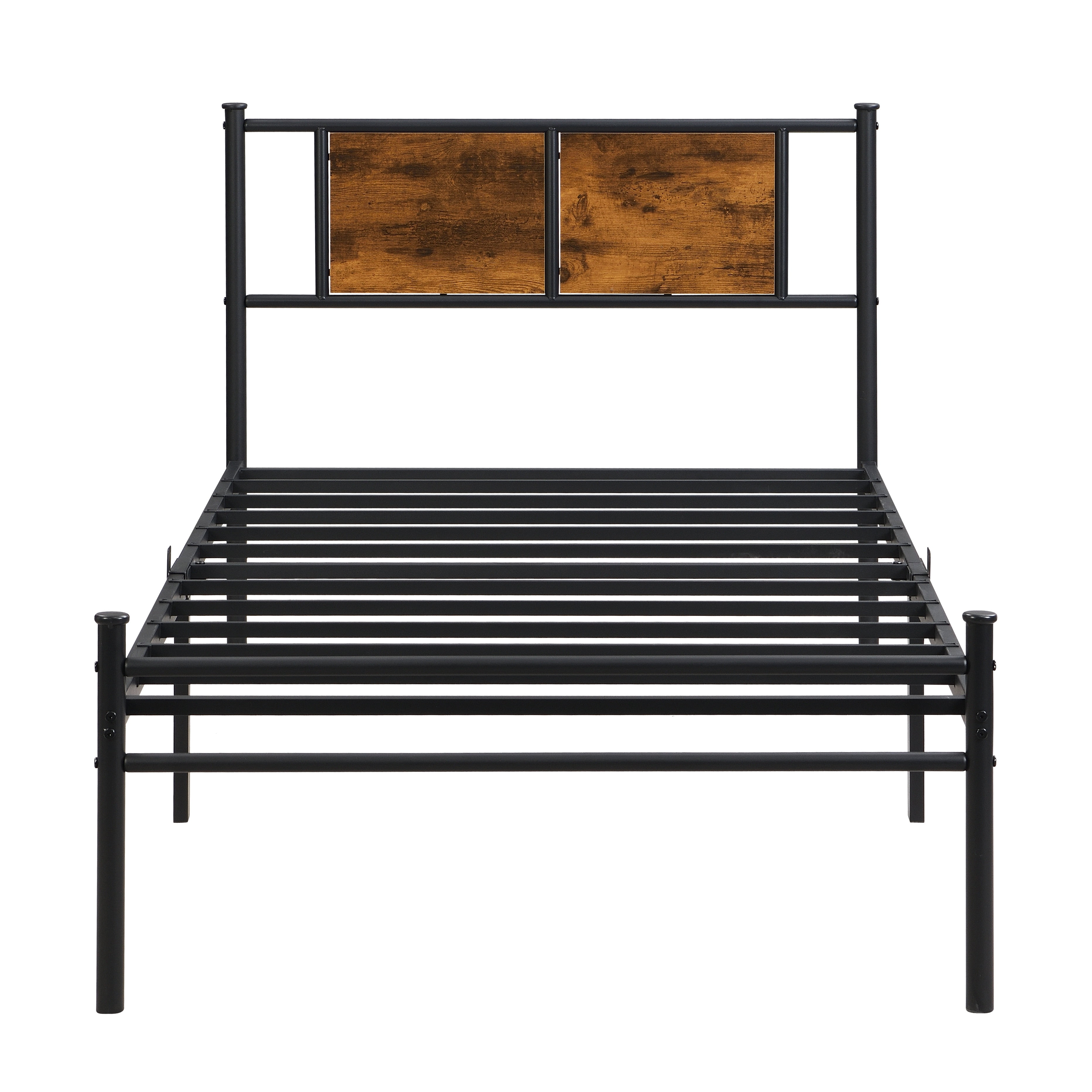 Paproos Twin Bed Frame, Heavy Duty Metal Platform Bed with Wooden Panel Headboard, Metal Twin Bed with Underbed Storage, Twin Size Metal Bed Frame, No Box Spring Needed, Rustic Brown