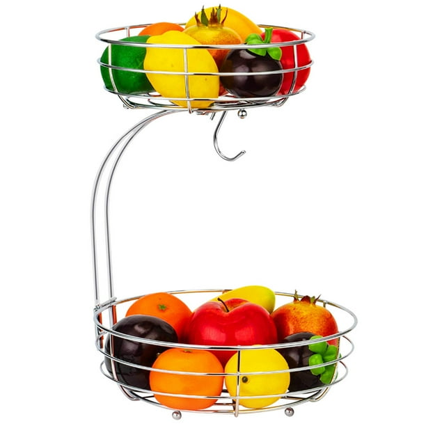 2 Tier Metal Fruit Basket with Banana Hanger, Detachable Basket for