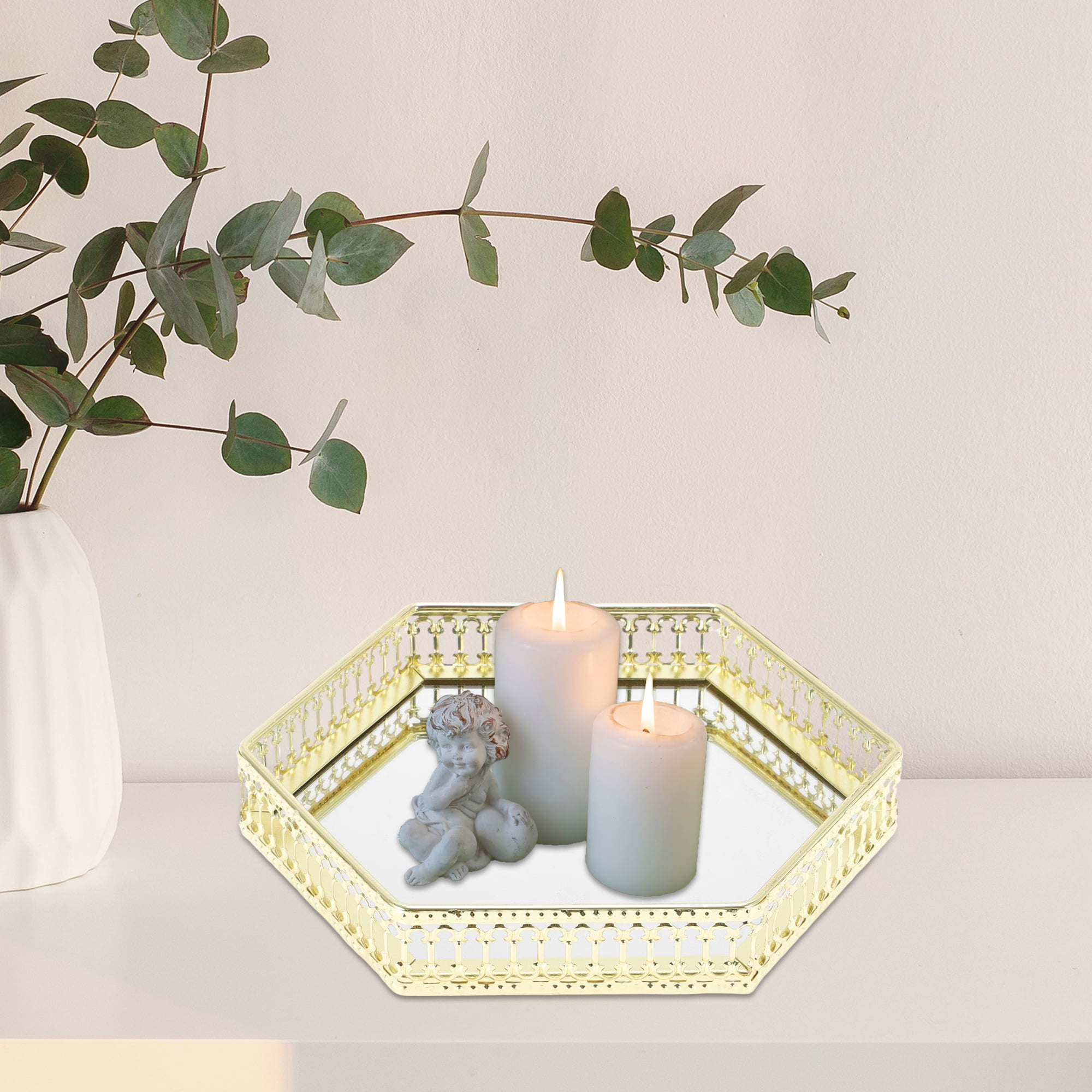 Unique Bargains Mirror Tray Hexagon Metal Perfume Tray Glass Candle Serving Tray