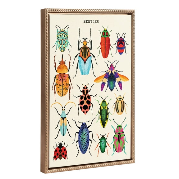 Kate and Laurel Sylvie Beaded Beetles Vintage Framed Canvas Wall Art by Tània García, 18x24 Gold, Colorful Bug Poster Art for Wall