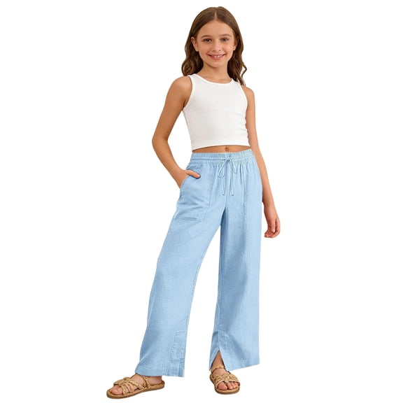 Girls Linen Pants Wide Leg Pants for Girls Cozy Drawstring Elastic Waist Summer Casual Beach Lounge Trousers with Pockets