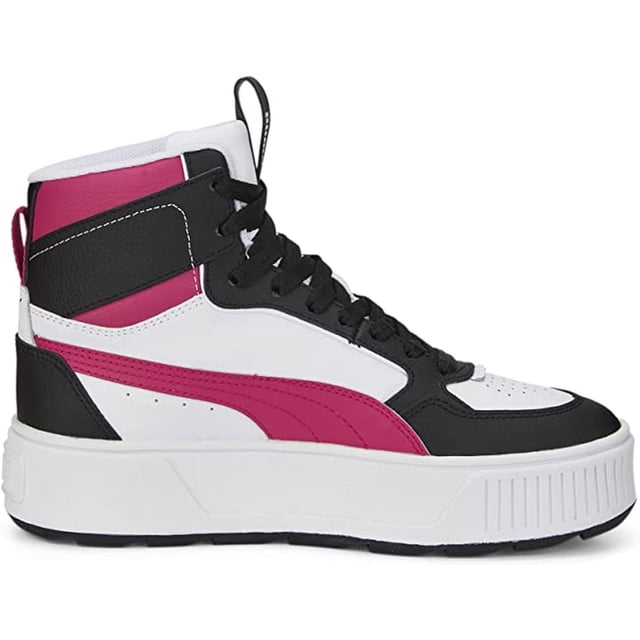 tenis mujer puma rebelle urbanos casuales botín blanco 25 puma 21303 vista lateral derecha de botín mid blanco con paneles negros y franja fucsia; cordones negros, material sintético, puntera perforada, suela gruesa blanca con ranuras y dibujo de tracción, lengüeta y tirador trasero. Apto para look urbano y uso diario; también suele usarse para recorridos cortos en ciudad.