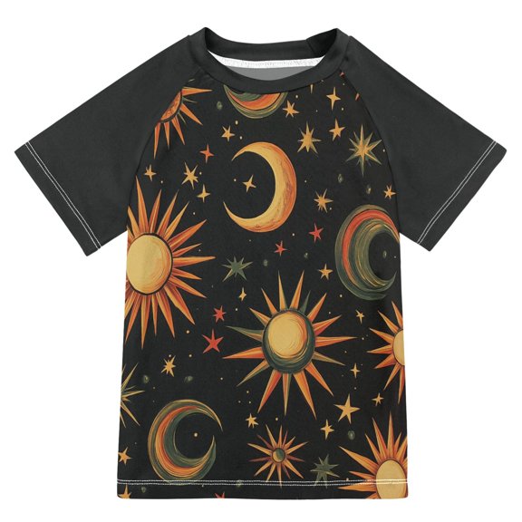FORMRS Boys Rash Guard Short Sleeves Swim Shirt Quick Dry UPF 50 Sun Protection, Sizes 3-12T, Sun Moon and Stars Pattern