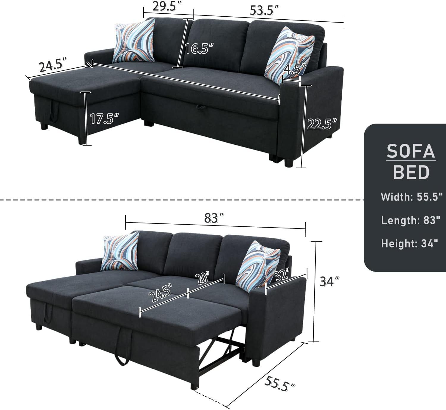 PonLiving 83" Reversible Sectional Sleeper Sofa with Storage Chaise Black Flannelette - Convertible L-Shaped Couch with Pull Out Bed