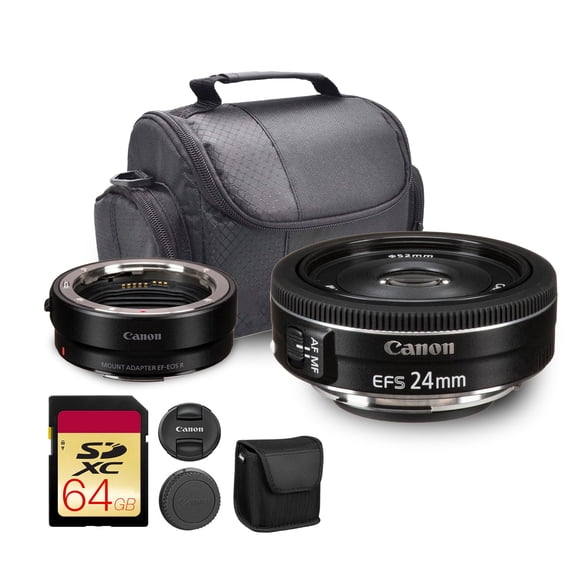Canon EF-S 24mm f/2.8 STM Lens | Compact Wide-Angle Prime with Bright f/2.8 Aperture & Smooth Autofocus | For Travel, Street & Everyday Photography (9522B002)   Adapter EF-EOS R   Bag   64GB Card