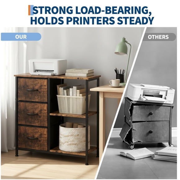 Modern 3-Drawer Fabric File Cabinet and Printer Stand – Open Storage Shelves – Under Desk Space-Saving Organizer for Home Office – Sturdy Steel Frame – Wood Color