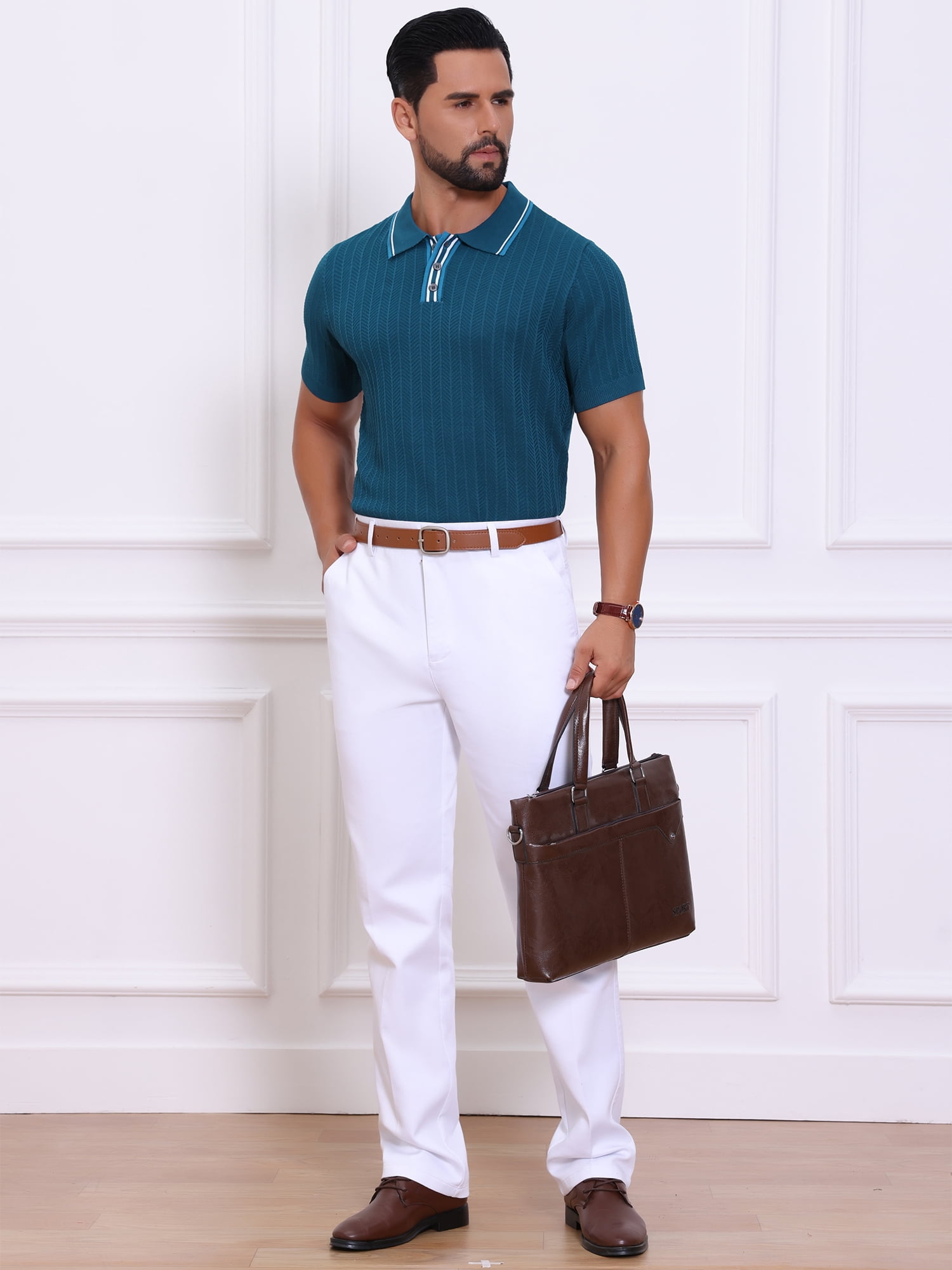 DARING DIVA Men's Knitted Ribbed Hem Short Sleeve Textured Golf Shirts S Royal Blue