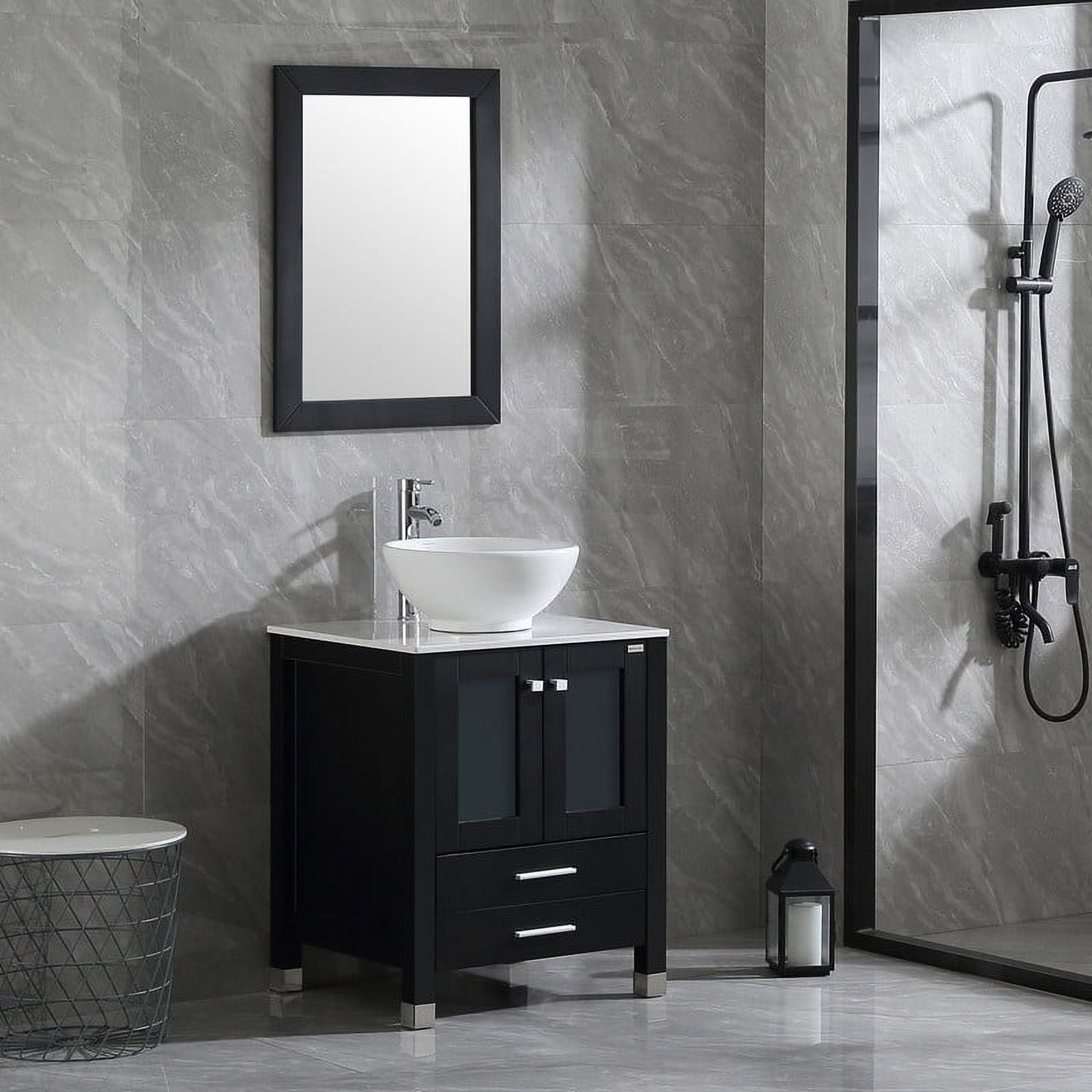 Walsport 24" Luxurious Bathroom Vanity and Sink Combo Wood Cabinet Top Round Ceramic Vessel Sink Faucet Drain Combo with Mirror Vanities Set,Black