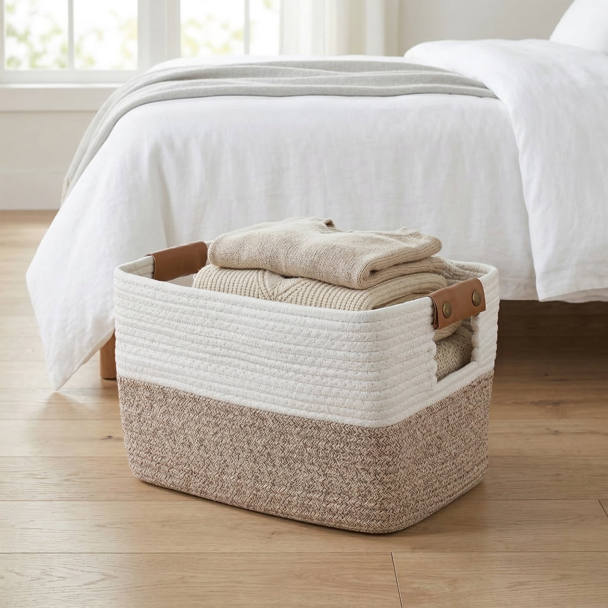 Unique Bargains Woven Large Shelf Closet Storage Bin White Coffee 15*9.8*8.7in