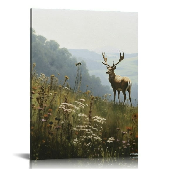 JEUXUS Floral Framed Wall Art, Mountains Flower Deer Bathroom Art Decor Aesthetic,Canvas Art, Christmas Vintage Wall Decor for Bedroom Living Room, Office Still Life Paintings Gifts