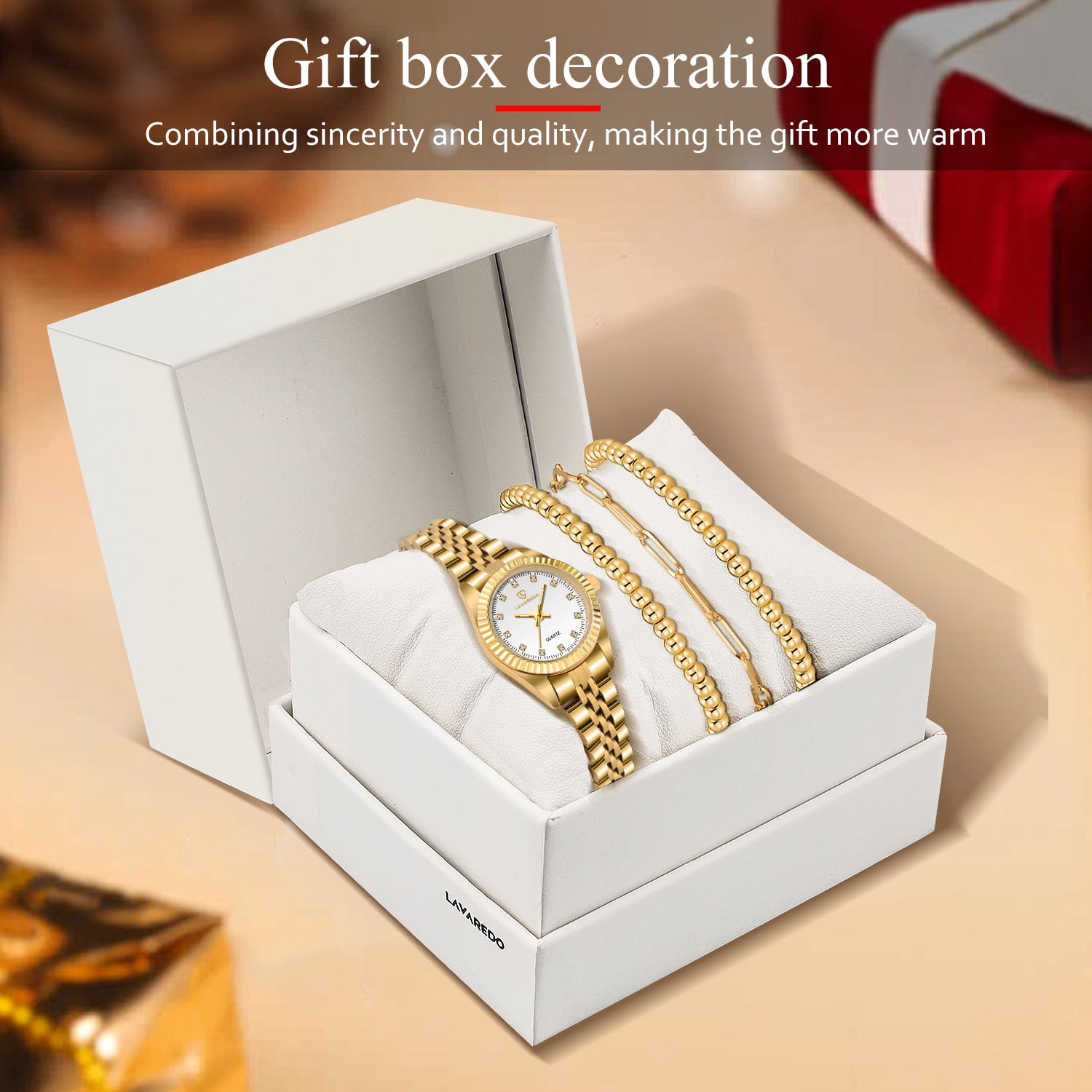 Womens Watch Set, 18K Gold Plated Bangle Bracelets Ring for Women, Dainty Ladies Wrist Watch Waterproof Analog Watch, Gifts for Women - 4PCS