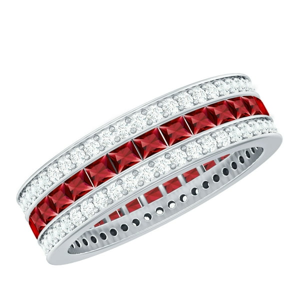 Rosec Jewels Lab Grown Ruby 3 Row Eternity Ring - AAAA Grade Princess Cut Ruby Wedding Band with Moissanite - with Jewelry Box, 925 Sterling Silver, US 4.00