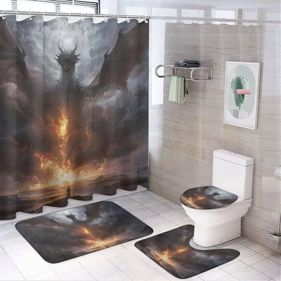 Spitfire Dragon Dark Cloud 4 Pcs Bathroom Shower Curtain Set,Bathroom Sets with Rugs (Bath Mat,U Shape and Toilet Lid Cover Mat), Bathroom Decor Set