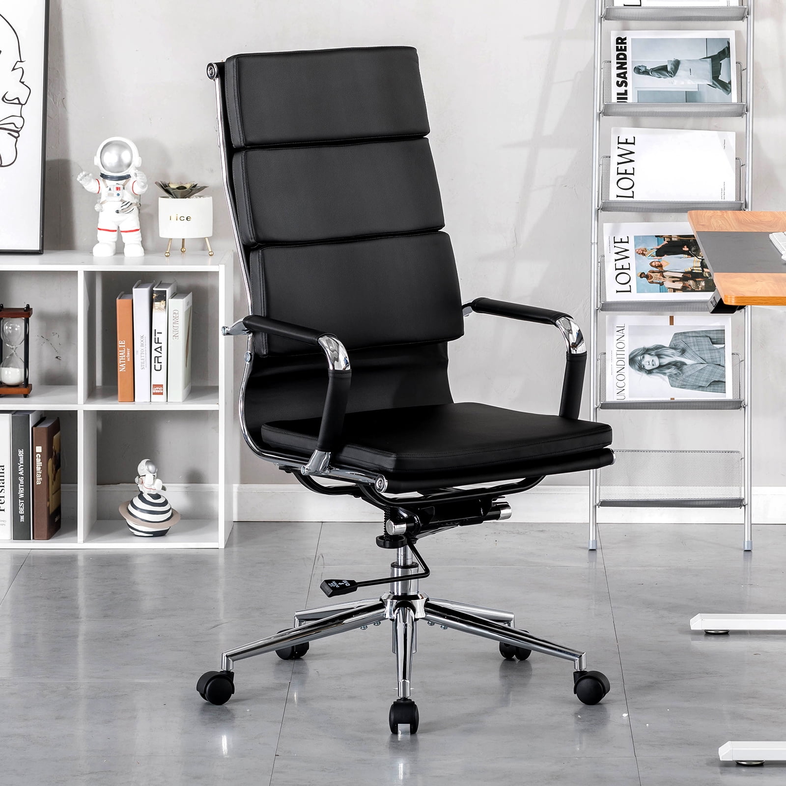 COMHOMA Office Chair, PU Leather High Back Cushioned Office Chair, Mid Century Modern Conference Chair , Black