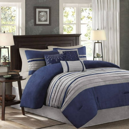 7pc California King Dakota Microsuede Comforter Set Blue: Madison Park, Hypoallergenic, Embroidered, Machine Washable