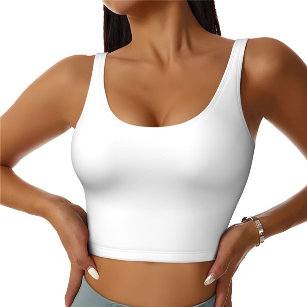Fotbe White Sujetador Deportivo Largo sin Aros para Mujer con Almohadillas y Soporte Medio, Transpirable y Absorbente, Camiseta Tipo Chaleco o Tank Top-Large