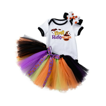 

Nokpsedcb Halloween Toddler Baby Girls Romper Mesh Skirt Bow Headband Cartoon Pumpkin Pattern Clothing Set Black 12-18 Months