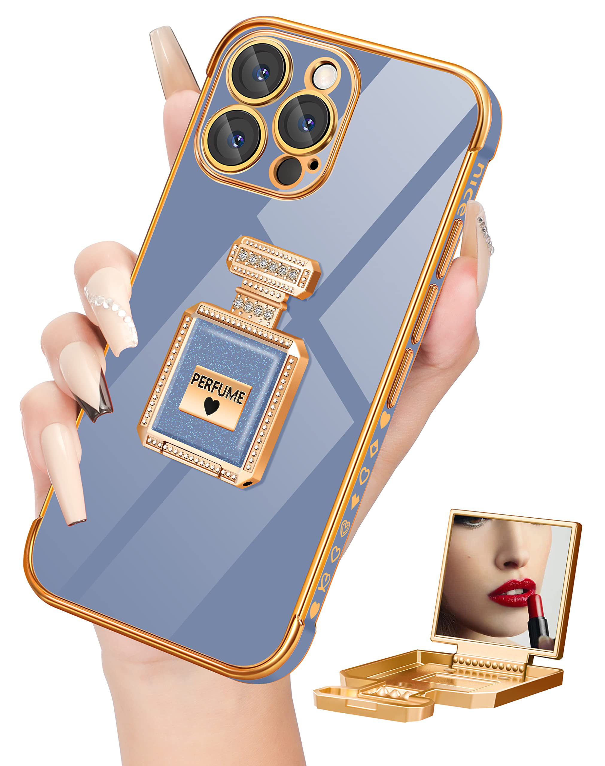 for iPhone 13 Pro Max Case with Metal Perfume Bottle Mirror Stand, Cute  Women Girly Heart Cases for 13 Pro Max,Elegant Luxury Phone Cover for iPhone  13 ProMax 6.7'' Dark Blue 