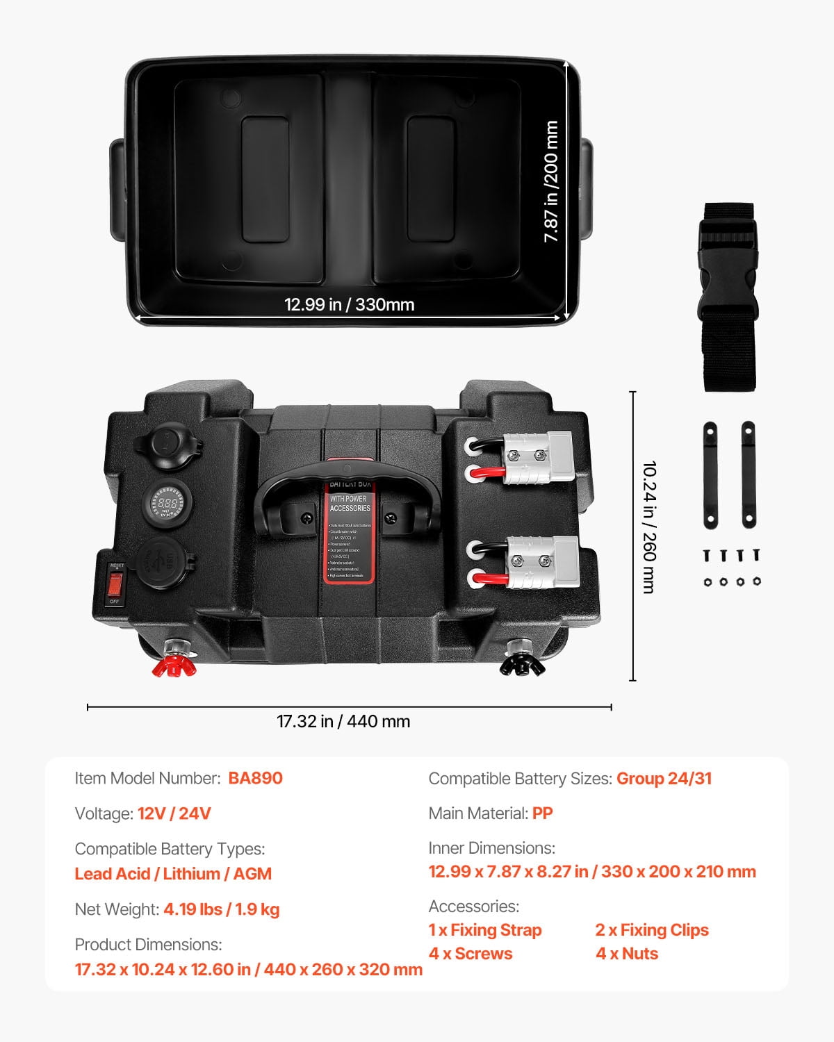 VEVOR Battery Box, Group 24/31 Trolling Motor Battery Box, 12V/24V Marine Batteries Case with PP Shell and Dual Straps,Smart Batteries Case,Suitable for Trolling Motor,Marine,RV & Solar Panel