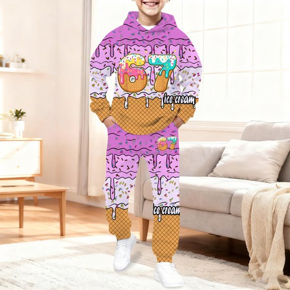 MEZZALL Boys 67 Ice Cream Print Sweatsuit Clothing Sets Long Sleeve Cute Pacthwork Sweatshirt Tops Hoodie Trousers Pants Sets Soft Long Sleeve Clothing Sets