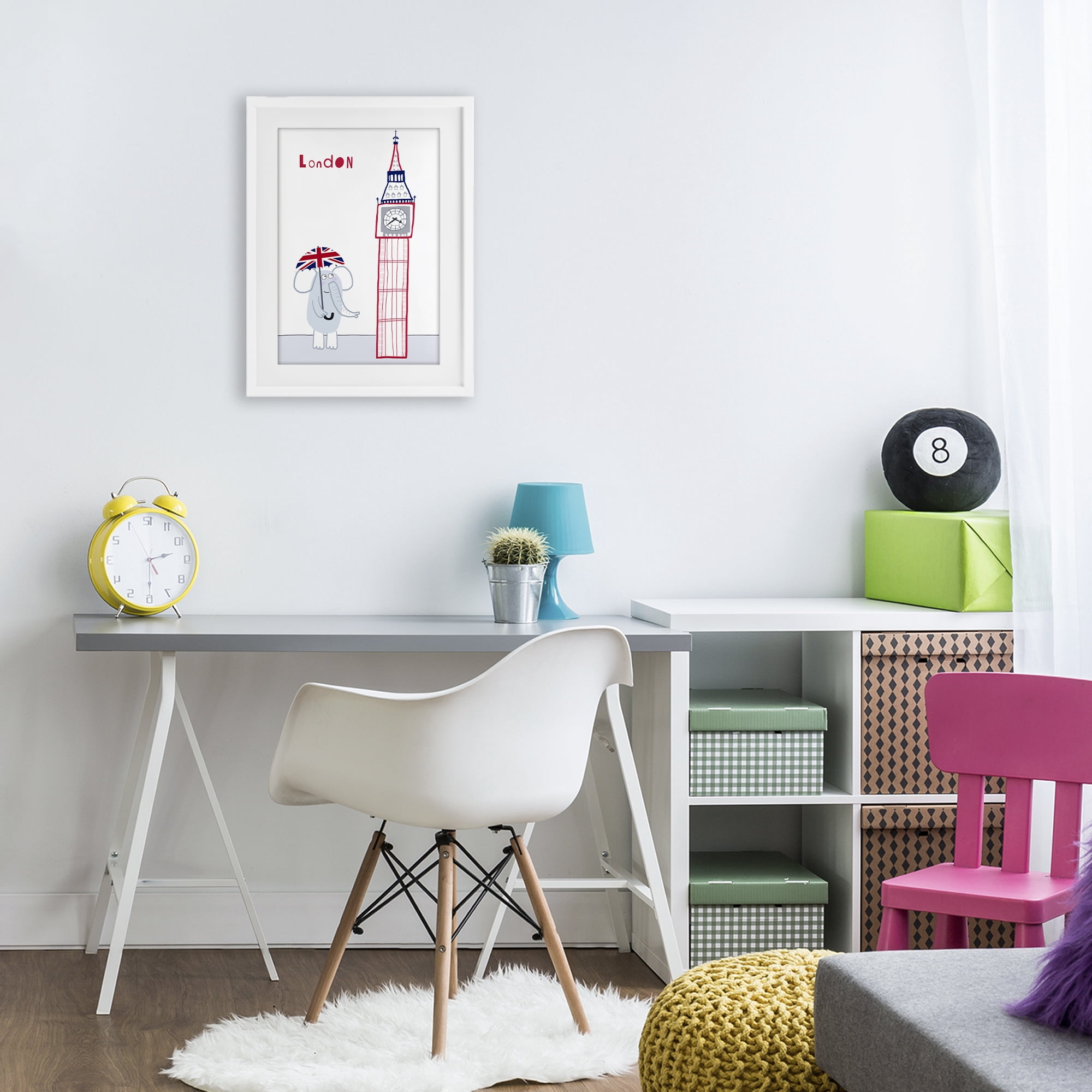 Elephant & Big Ben London White Framed Print Under Glass, design by Carla Daly