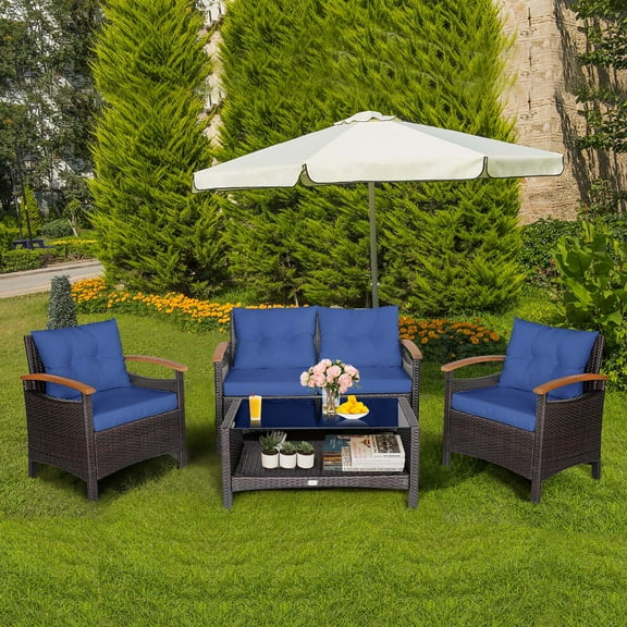 Costway 4PCS Patio Rattan Furniture Set Cushioned Sofa Storage Table Navy