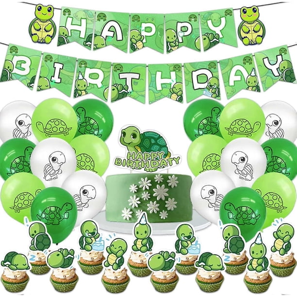 Turtle Baby Party Supplies Set with Happy Birthday Banner, Turtle Balloons, Turtle Cake Topper, Turtle Cupcake Toppers, Ocean Sea Life Theme